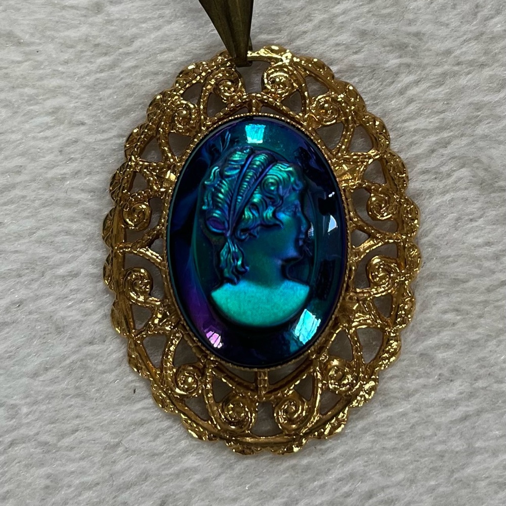 Vintage Gold tone and Blue Iridescent Cameo Pendant